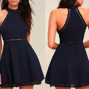 Lulu’s | NEW Reach Out my Hand‎ navy blue skater dress Lace NWT M fit & flare